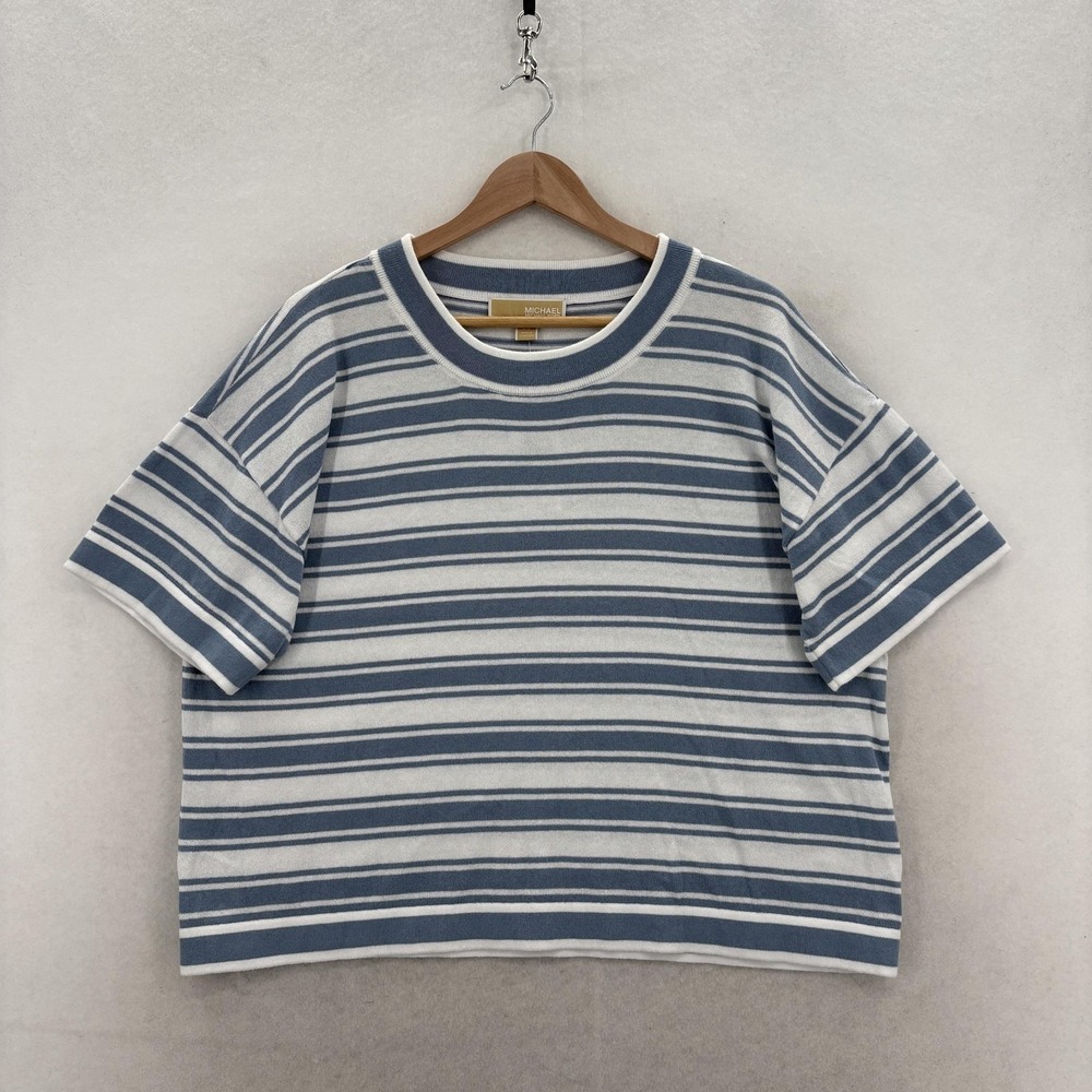 MICHAEL Michael Kors Sweater Womens L Chambray Blue Stripe Short Sleeve Crew NWT